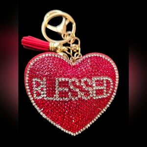 Red Heart Blessed Bag Charm Keychain with Gold Accents